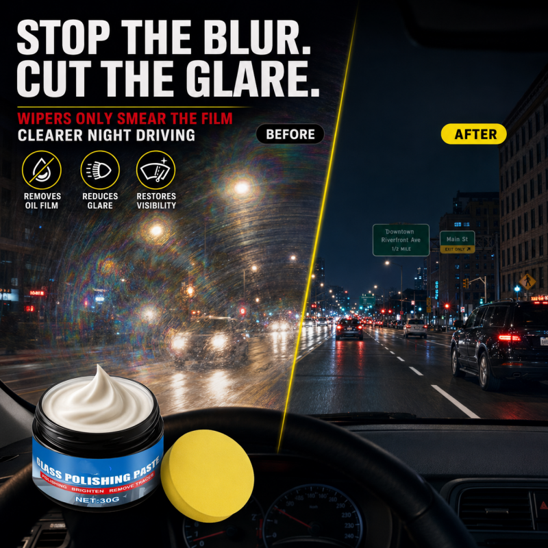 Car Glass Oil Film Remover Eliminates Glare & Wiper Smears, Repels Rain, Works on All Glass Sponge Included!