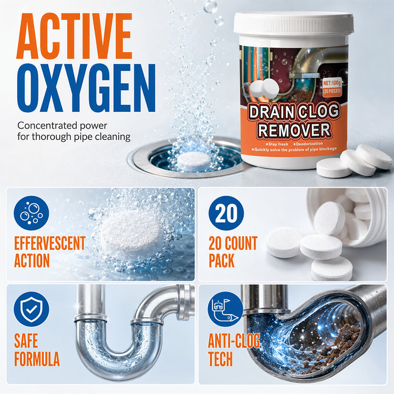 NOW! Active Oxygen Drain Clog Remover Effervescent Tablets, Rapid Dissolving, Odor Elimination, Pipe Safe for Sink