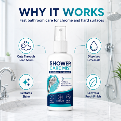 Fast-Acting Shower Limescale Remover Spray Dissolves stubborn mineral deposits & hard water stains. just spray & wipe!