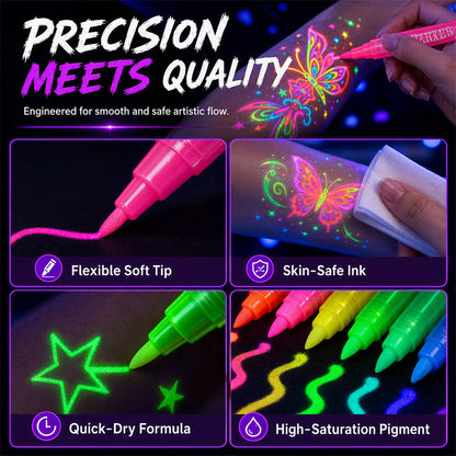 Glow Party Tattoo Pens Fun UV Body Art Markers for Parties, Festivals & Night Events
