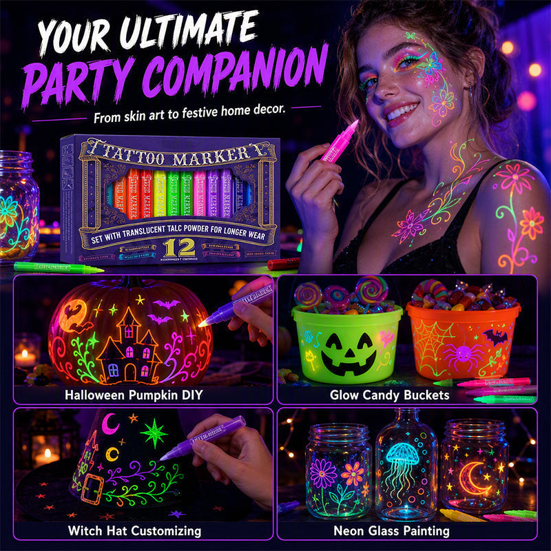 Glow Party Tattoo Pens Fun UV Body Art Markers for Parties, Festivals & Night Events