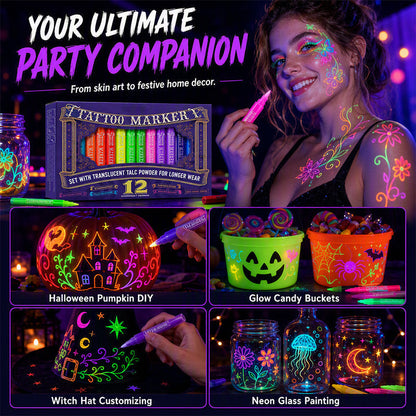 Glow Party Tattoo Pens Fun UV Body Art Markers for Parties, Festivals & Night Events