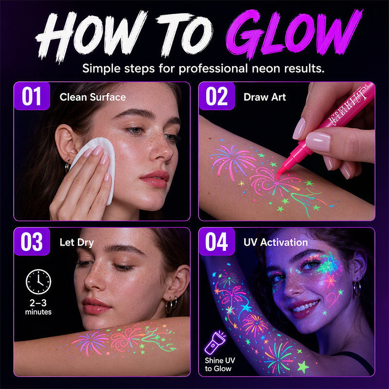 Glow Party Tattoo Pens Fun UV Body Art Markers for Parties, Festivals & Night Events