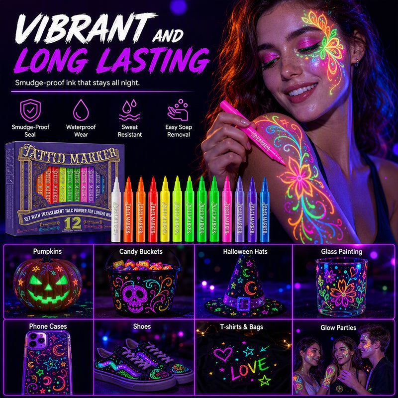 Glow Party Tattoo Pens Fun UV Body Art Markers for Parties, Festivals & Night Events