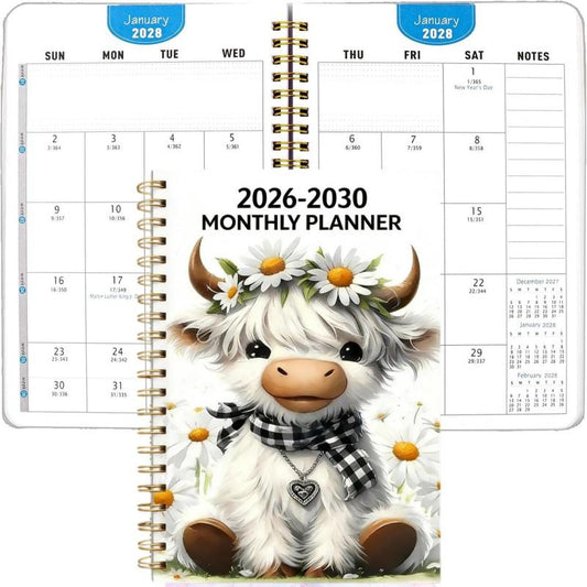 2026-2030 Calendar - From January 2026 to December 2030, 5-year calendar, cartoon Highland cow themed cover design