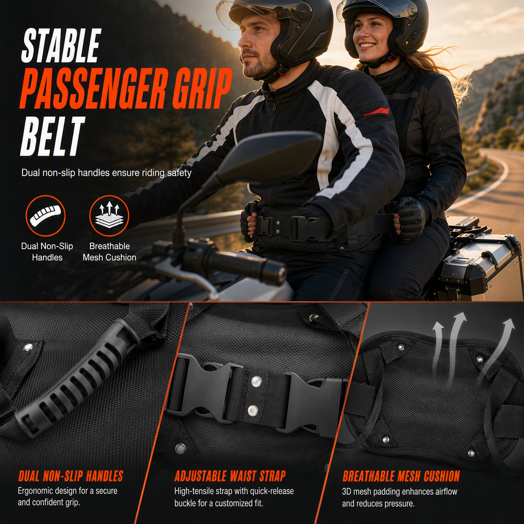 Adjustable Passenger Grip Belt Reinforced Rear Handle Strap for Motorcycle & Powersports Riding