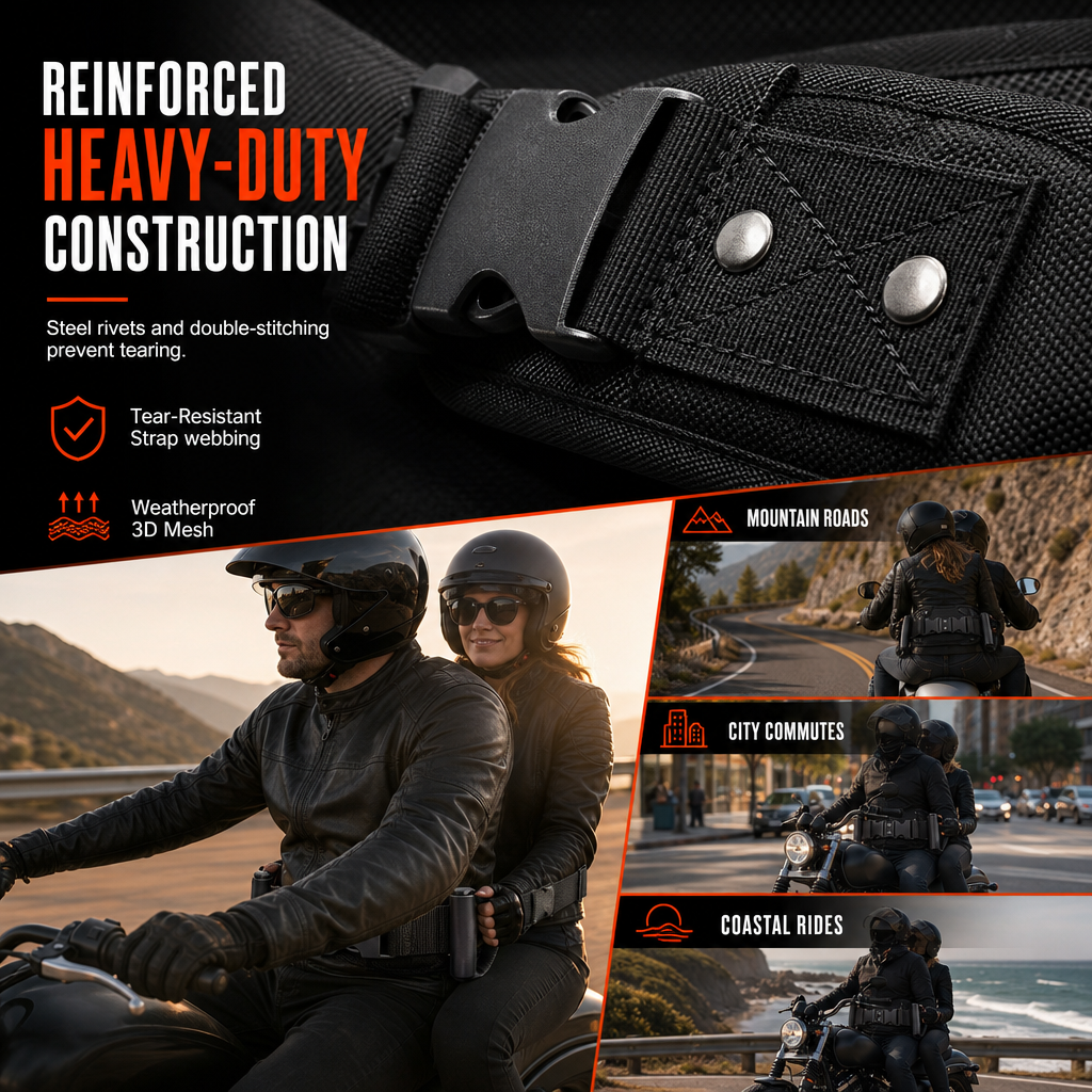 Adjustable Passenger Grip Belt Reinforced Rear Handle Strap for Motorcycle & Powersports Riding