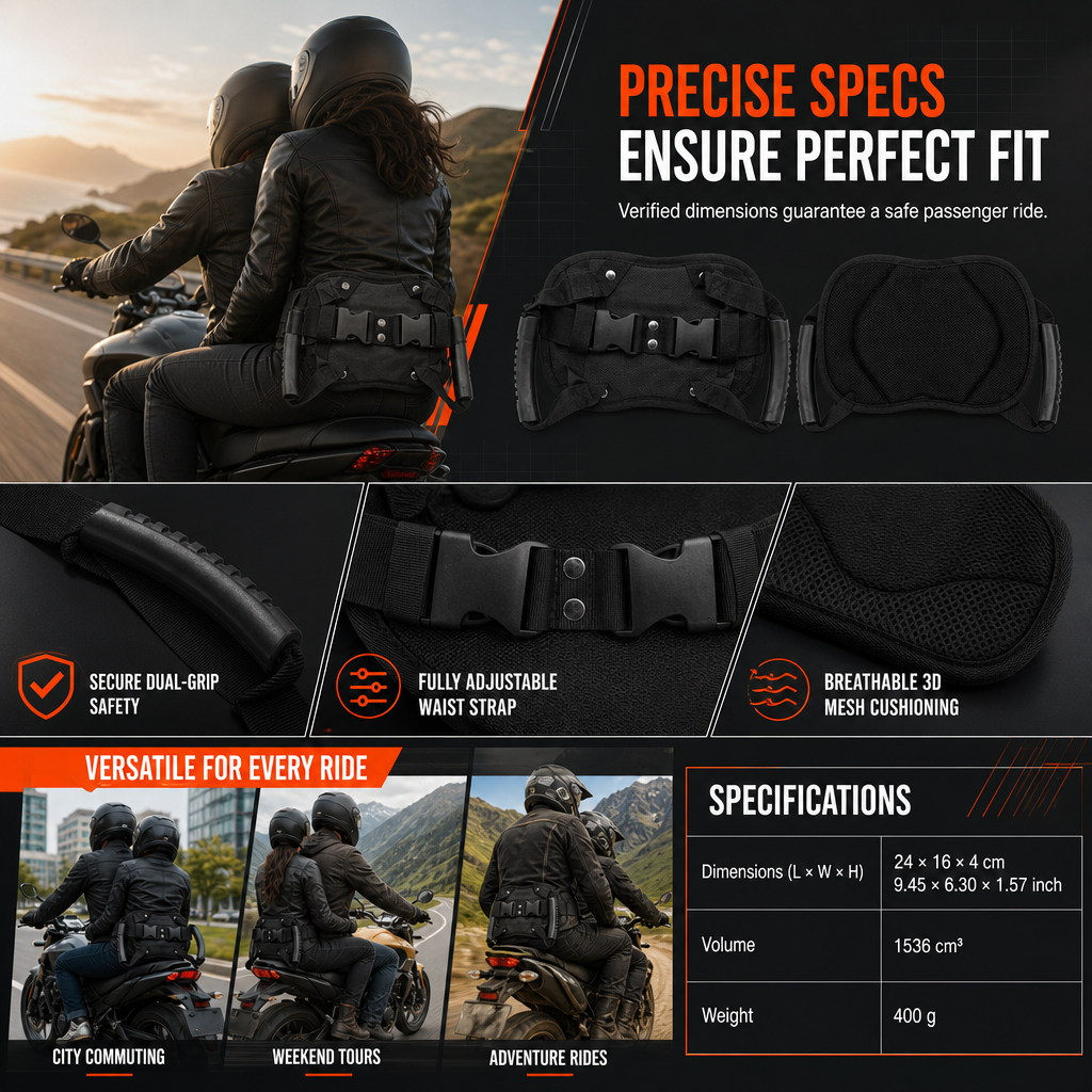 Adjustable Passenger Grip Belt Reinforced Rear Handle Strap for Motorcycle & Powersports Riding