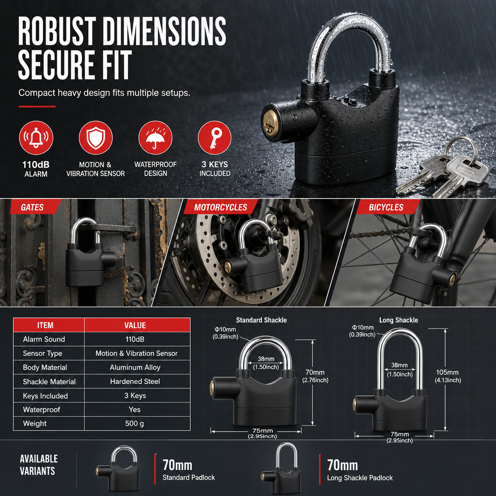 Heavy-Duty Alarm Security Lock Aluminum Alloy Anti-Theft Protection for Gates, Bikes & Storage