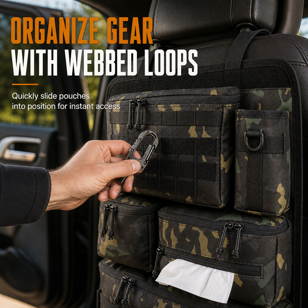 Tactical Car Backseat Organizer: Heavy-Duty Nylon, Webbed Loops, Buckled Straps, Universal Fit