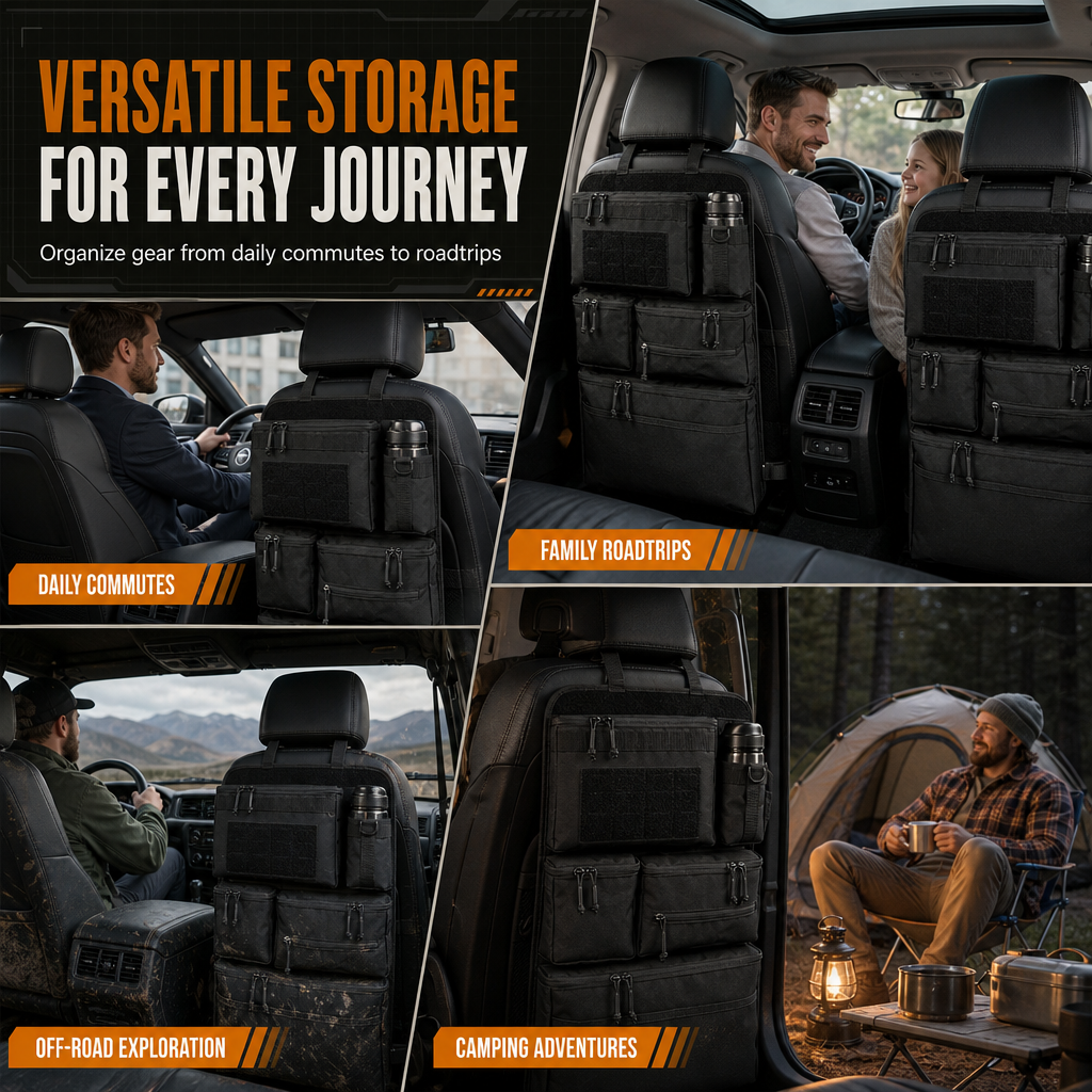 Tactical Car Backseat Organizer: Heavy-Duty Nylon, Webbed Loops, Buckled Straps, Universal Fit