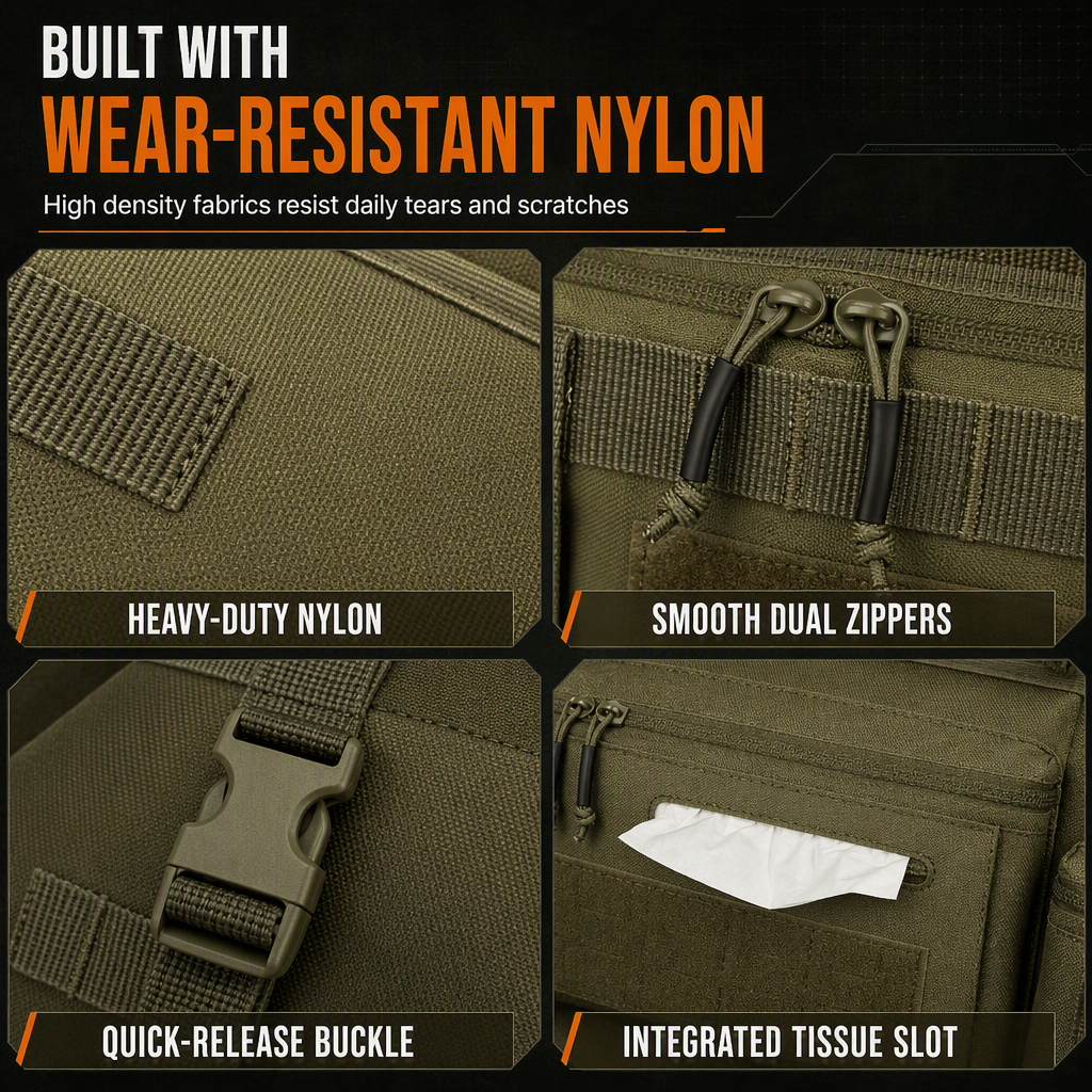 Tactical Car Backseat Organizer: Heavy-Duty Nylon, Webbed Loops, Buckled Straps, Universal Fit