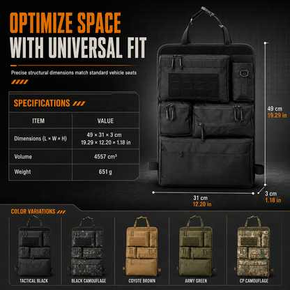 Tactical Car Backseat Organizer: Heavy-Duty Nylon, Webbed Loops, Buckled Straps, Universal Fit