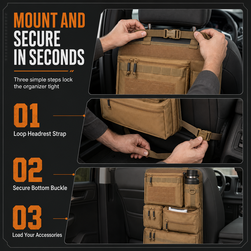 Tactical Car Backseat Organizer: Heavy-Duty Nylon, Webbed Loops, Buckled Straps, Universal Fit