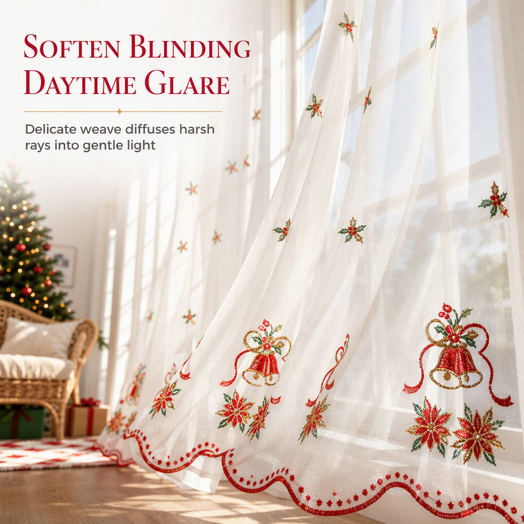 Embroidered Christmas Sheer Curtain Snowflake & Bell Window Decor for a Cozy Holiday Home
