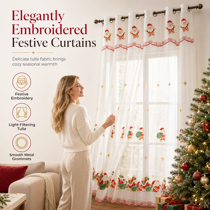 Embroidered Christmas Sheer Curtain Snowflake & Bell Window Decor for a Cozy Holiday Home