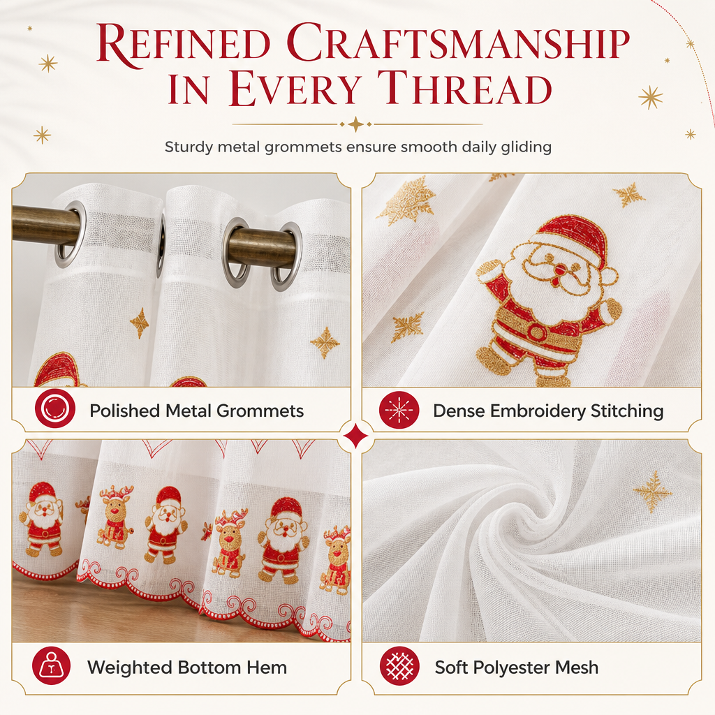 Embroidered Christmas Sheer Curtain Snowflake & Bell Window Decor for a Cozy Holiday Home