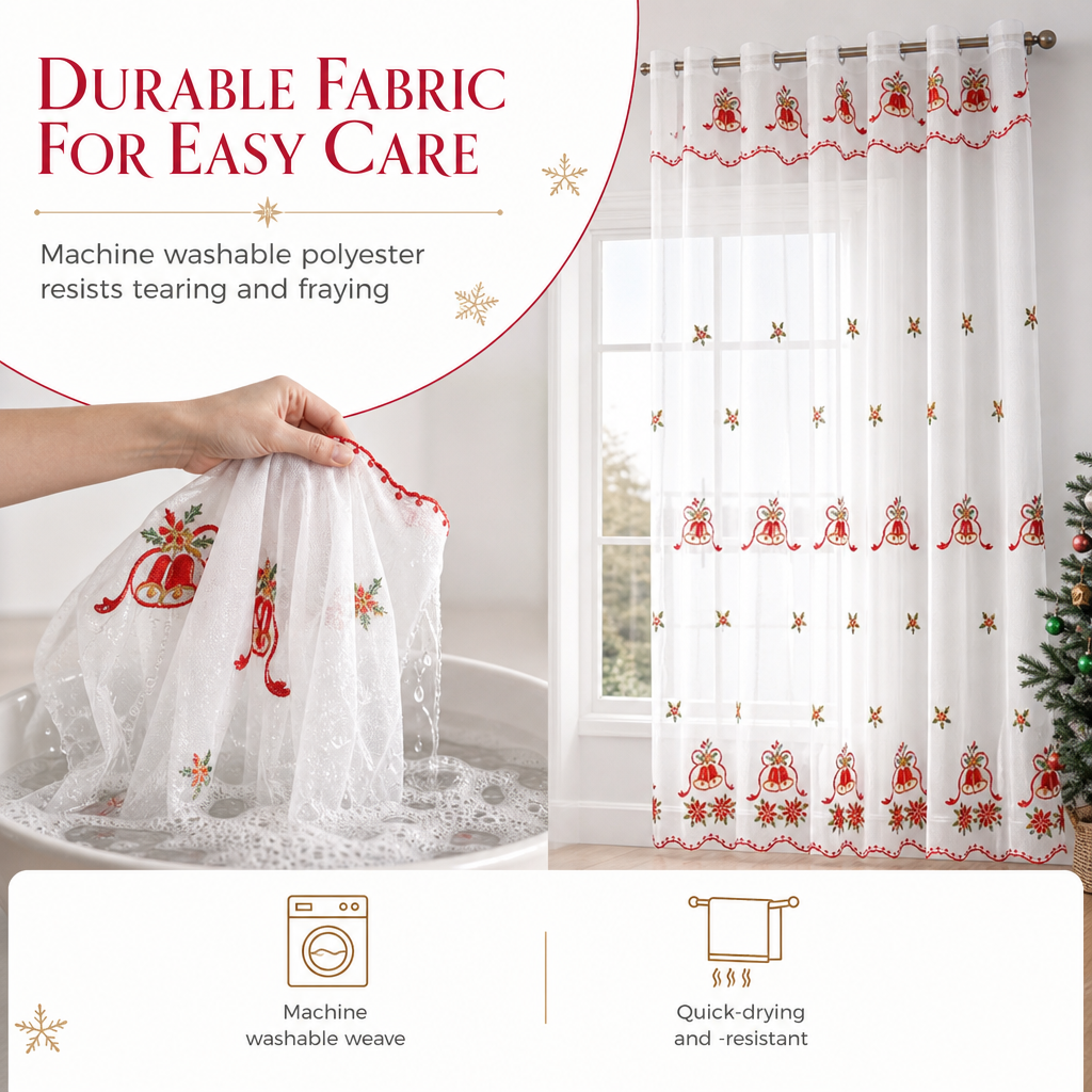 Embroidered Christmas Sheer Curtain Snowflake & Bell Window Decor for a Cozy Holiday Home