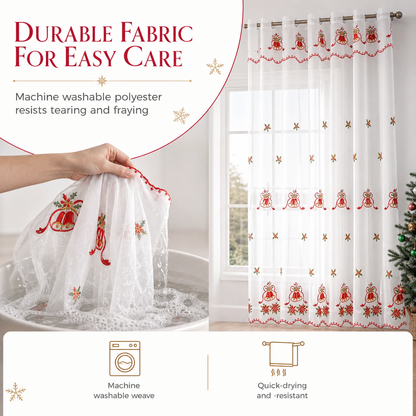 Embroidered Christmas Sheer Curtain Snowflake & Bell Window Decor for a Cozy Holiday Home