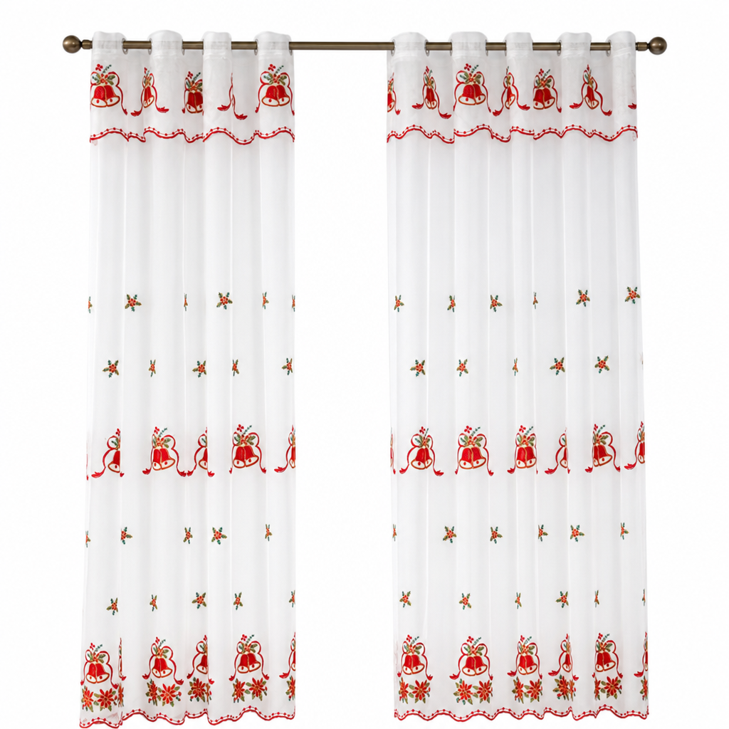 Embroidered Christmas Sheer Curtain Snowflake & Bell Window Decor for a Cozy Holiday Home