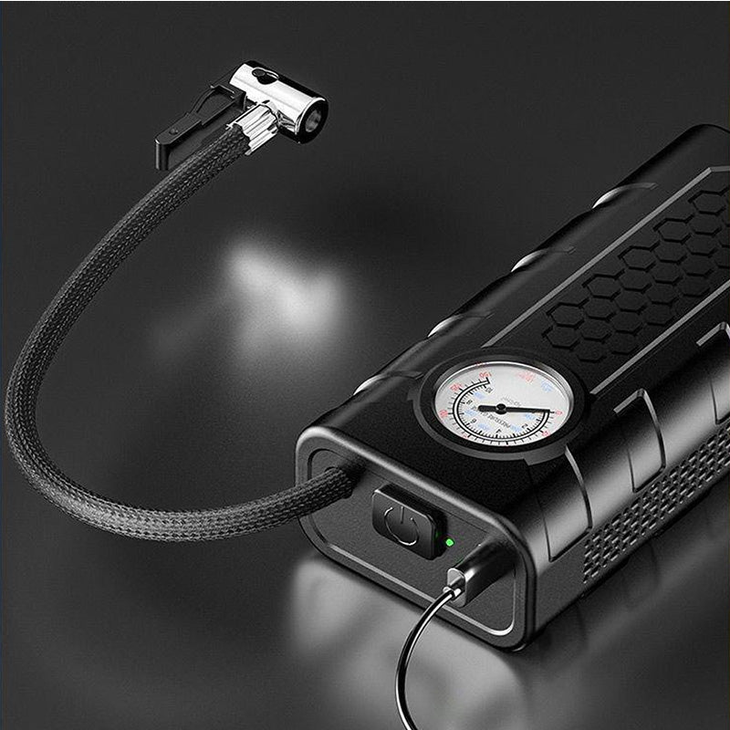wireless car air pump fast inflation, precise pressure gauge, heat dissipation, and compact design. USB rechargeable!