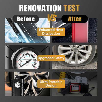 wireless car air pump fast inflation, precise pressure gauge, heat dissipation, and compact design. USB rechargeable!