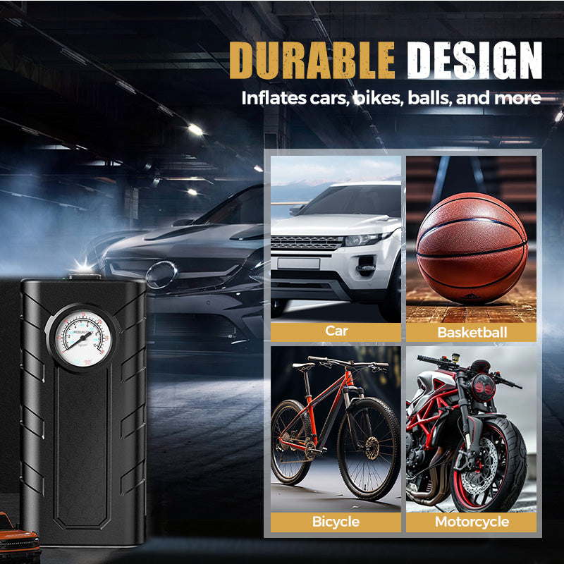 wireless car air pump fast inflation, precise pressure gauge, heat dissipation, and compact design. USB rechargeable!