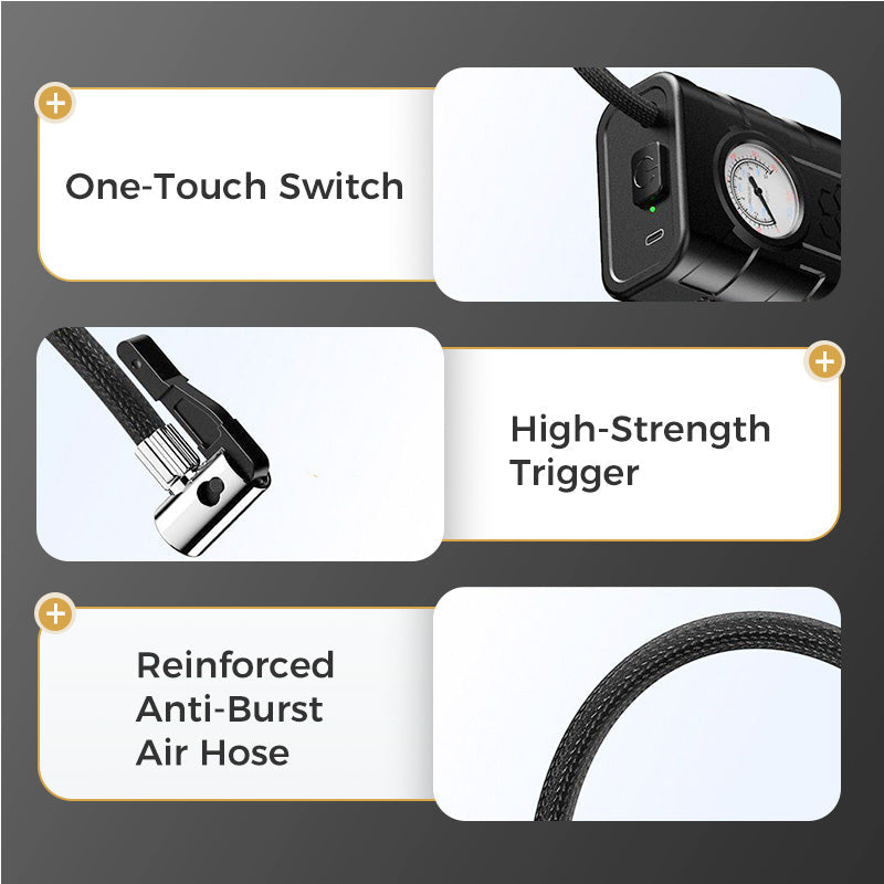 wireless car air pump fast inflation, precise pressure gauge, heat dissipation, and compact design. USB rechargeable!