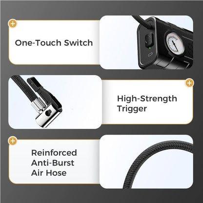 wireless car air pump fast inflation, precise pressure gauge, heat dissipation, and compact design. USB rechargeable!