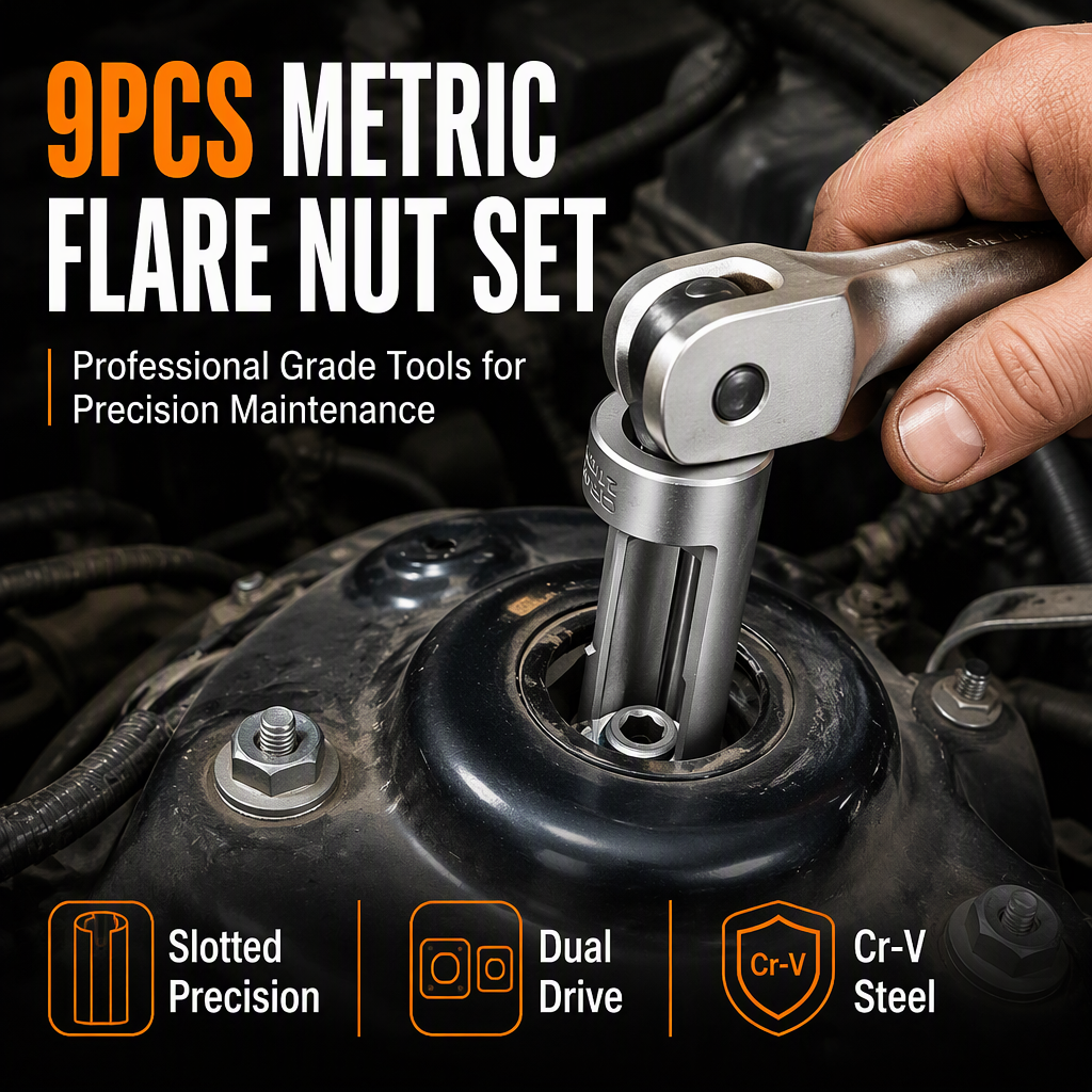 9-Piece Flare Nut Socket Set Slotted Oxygen Sensor & Diesel Injector Line Sockets