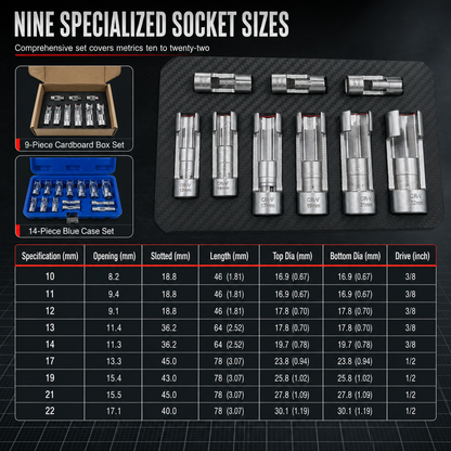 9-Piece Flare Nut Socket Set Slotted Oxygen Sensor & Diesel Injector Line Sockets