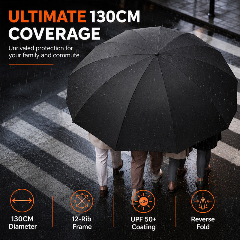 Extra-Large Reverse Folding Umbrella 125cm Canopy, 12-Rib Windproof Design & UPF50+ Sun Protection