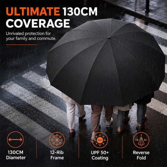 Extra-Large Reverse Folding Umbrella 125cm Canopy, 12-Rib Windproof Design & UPF50+ Sun Protection