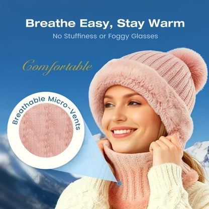 Ready for Winter! Women 3-in-1 Knitted Balaclava Hat, Fleece Lined Warm Hood Beanie with Scarf & Face Mask