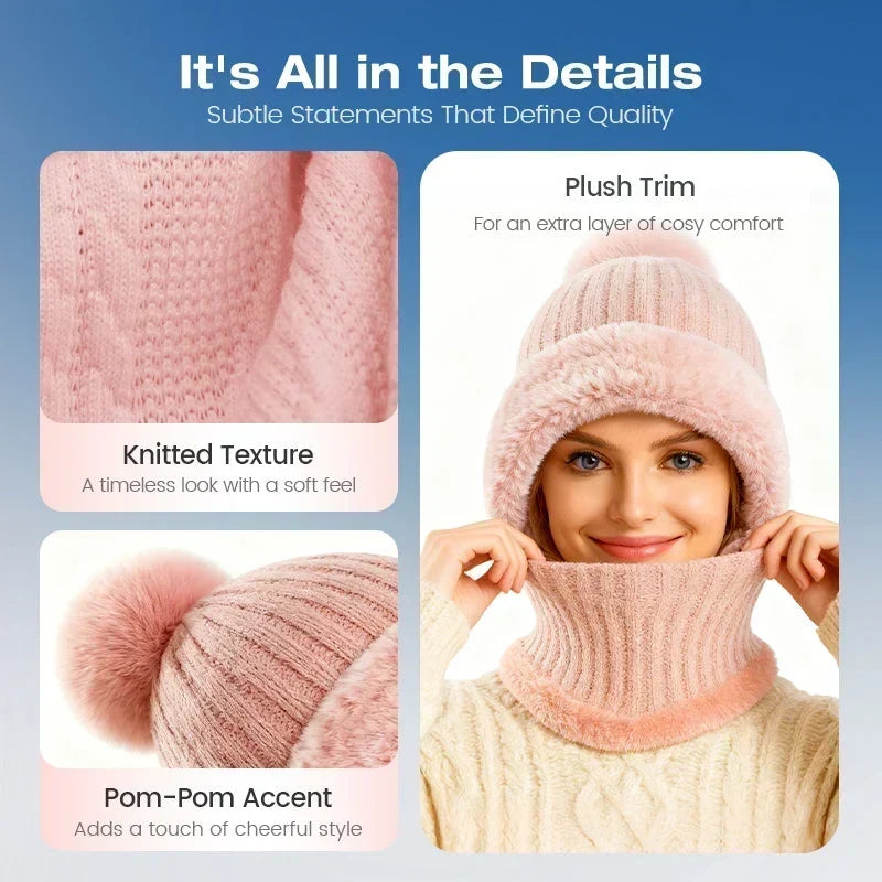 Ready for Winter! Women 3-in-1 Knitted Balaclava Hat, Fleece Lined Warm Hood Beanie with Scarf & Face Mask