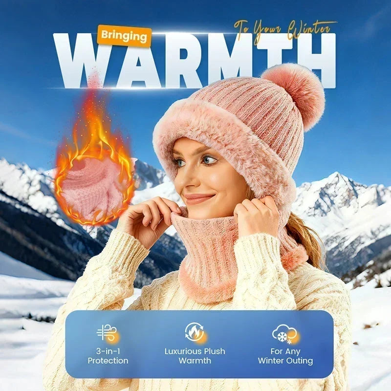 Ready for Winter! Women 3-in-1 Knitted Balaclava Hat, Fleece Lined Warm Hood Beanie with Scarf & Face Mask