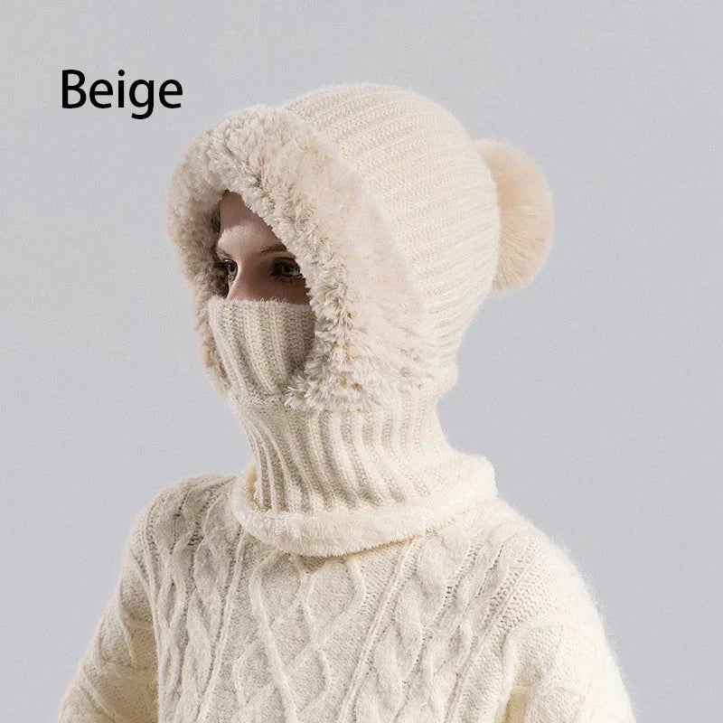 Ready for Winter! Women 3-in-1 Knitted Balaclava Hat, Fleece Lined Warm Hood Beanie with Scarf & Face Mask