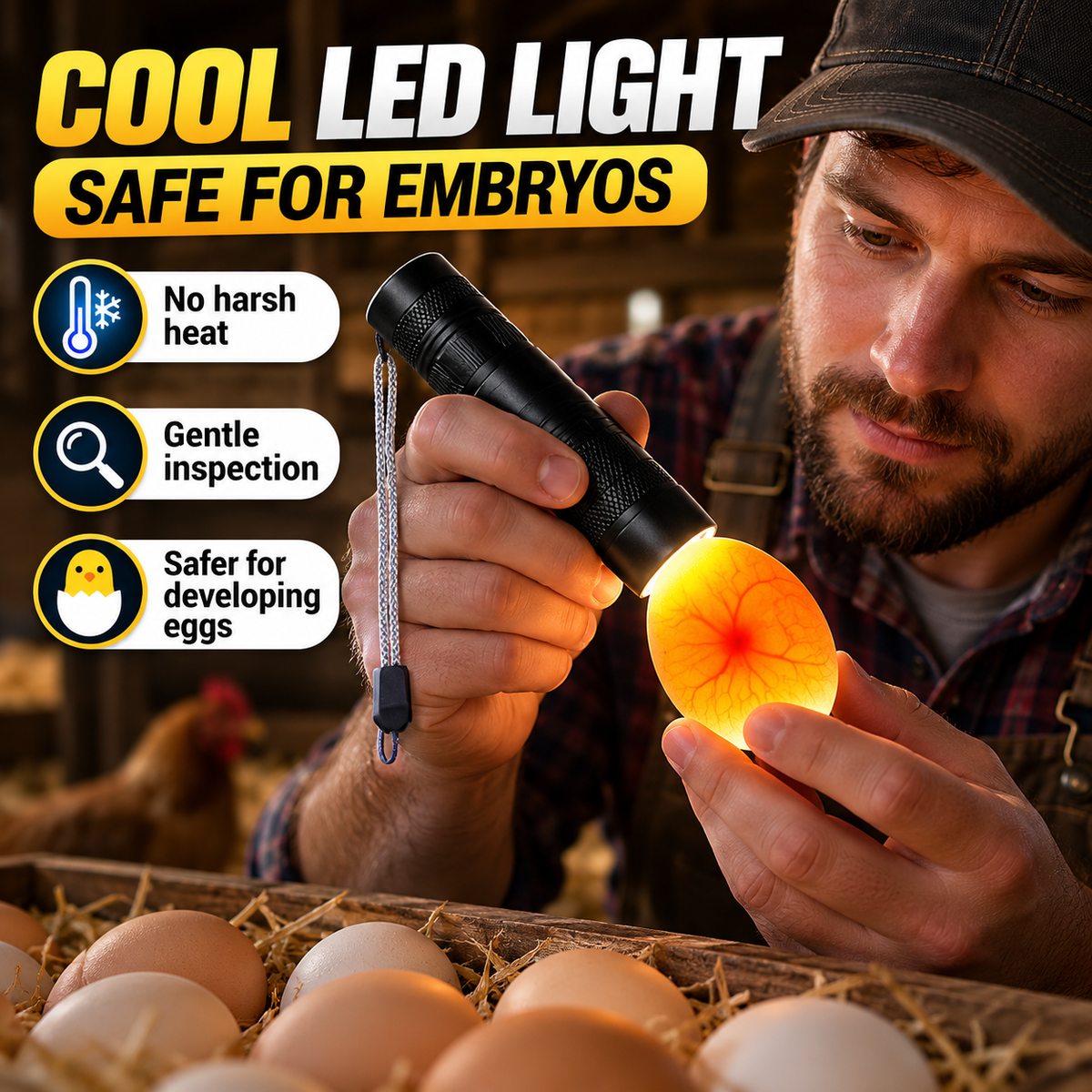 Rechargeable LED Egg Candler - Cool Light Embryo Inspection Tool