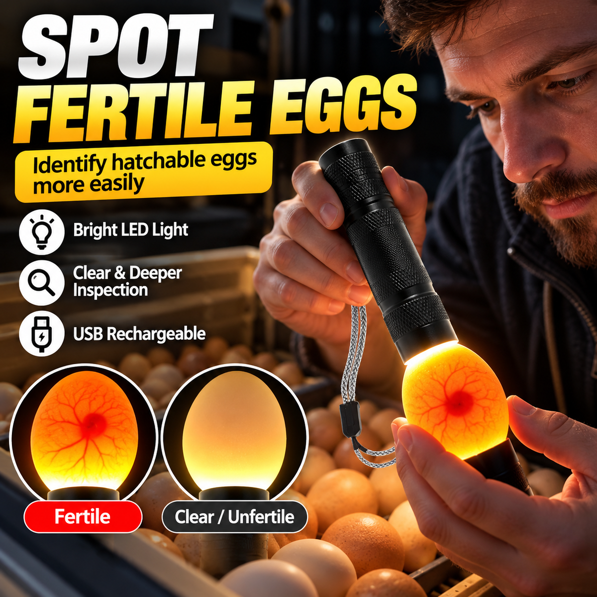 Rechargeable LED Egg Candler - Cool Light Embryo Inspection Tool