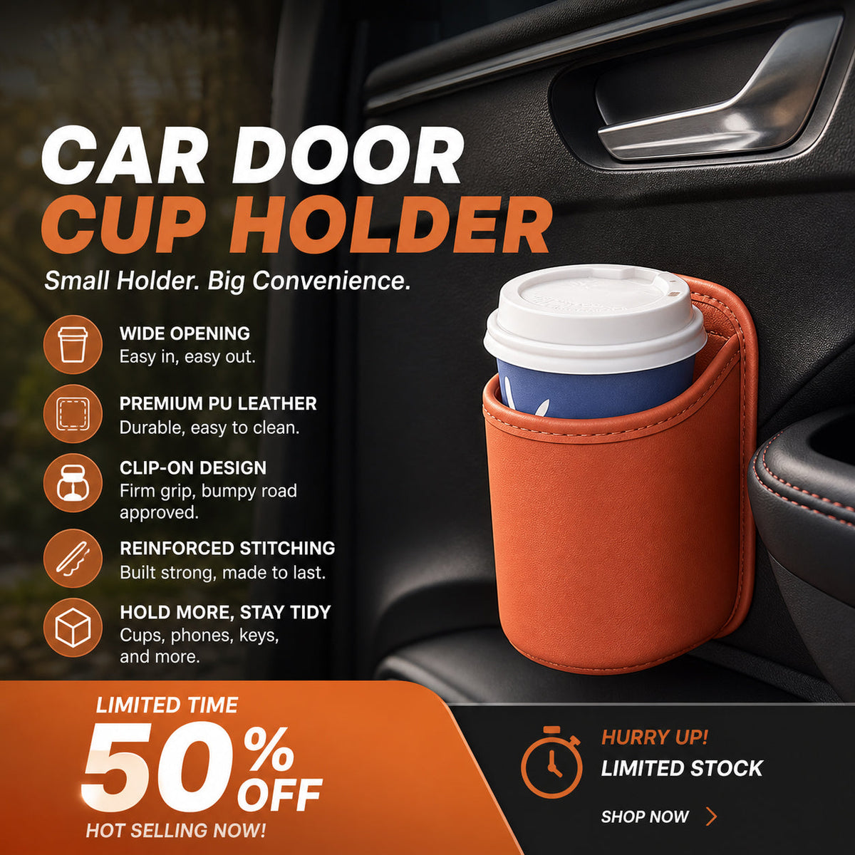 Leather Car Door Cup Holder Wide mouth opening, easy reach for drinks & phone