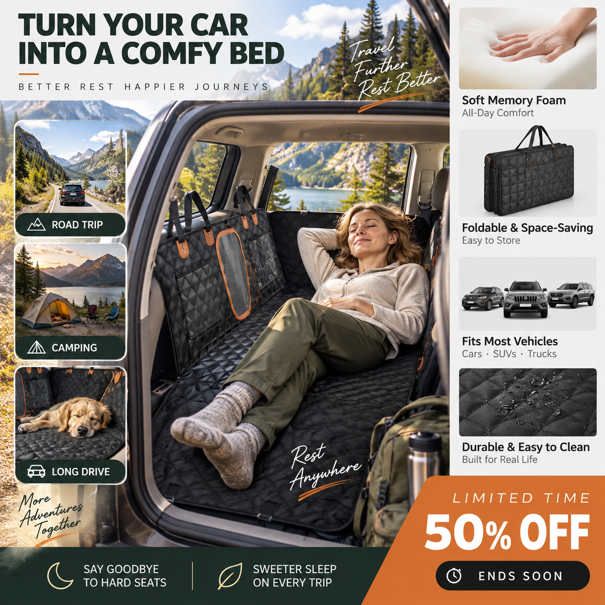 NOW! Car Rear-Seat Memory Foam Travel Mattress Foldable SUV Sedan Truck Camping Bed