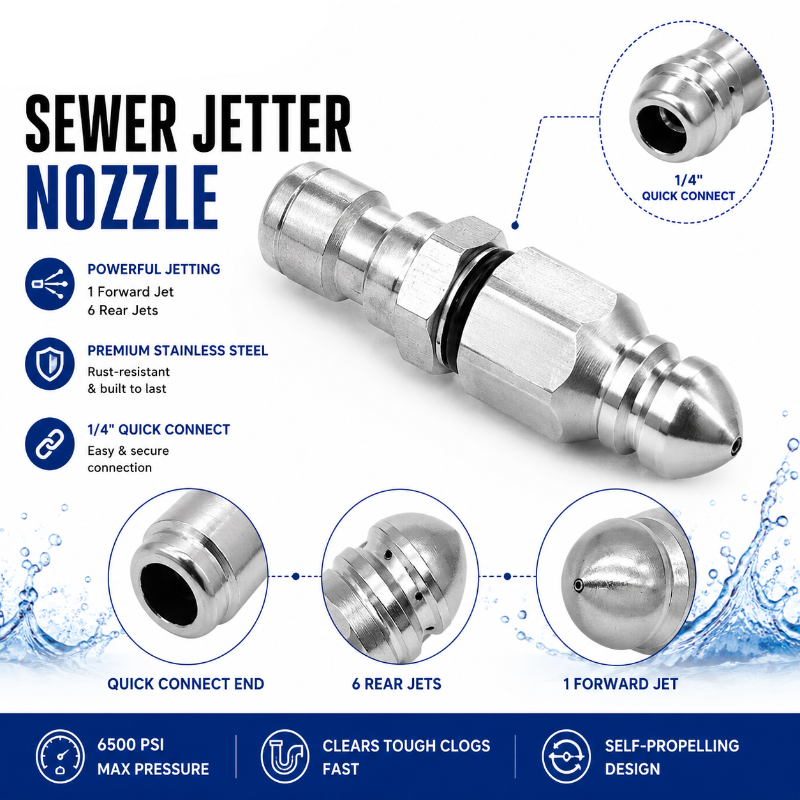 6500 PSI Stainless Steel Sewer Jetter Nozzle 1/4" Quick Connect Drain Cleaning Attachment for Pressure Washers