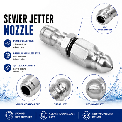 6500 PSI Stainless Steel Sewer Jetter Nozzle 1/4" Quick Connect Drain Cleaning Attachment for Pressure Washers